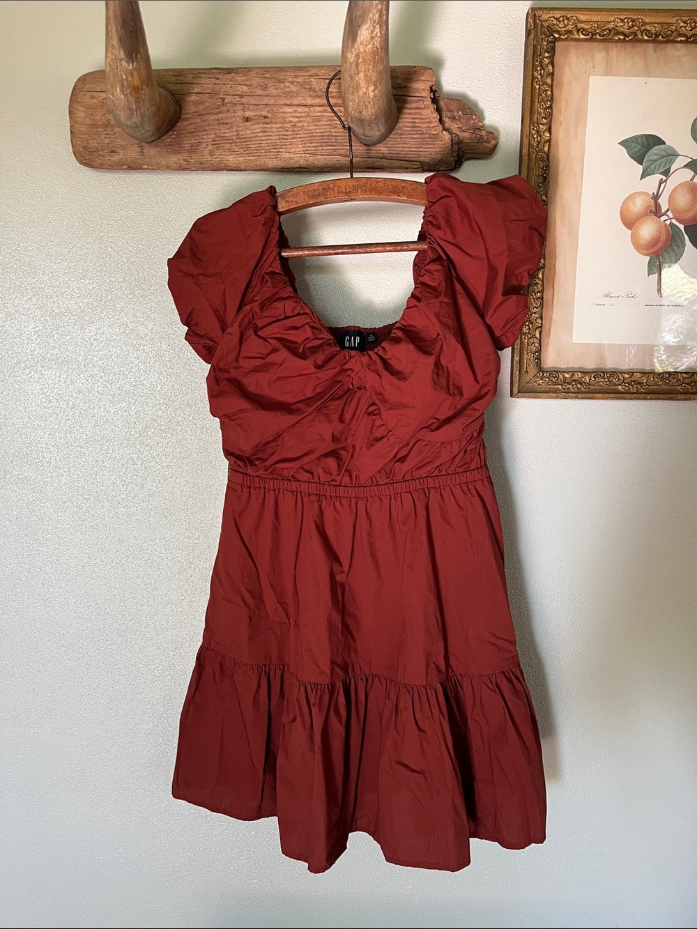 GAP Corset Poplin Tiered Mini Rust-Brown Copper Smocked Mini Dress Small S